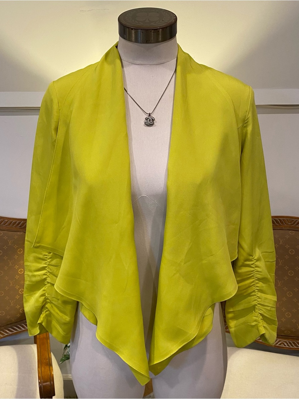 Gianni Bini Lime Green Chartreuse Draped Open-Front Blazer Size M